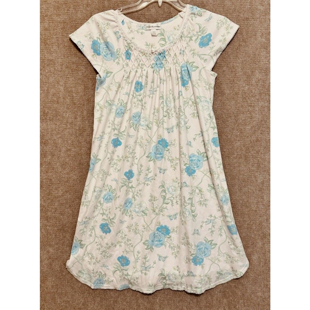 Miss Elaine Short Sleeve Nightgown Sz Small Lavender Blue Floral Butterfly